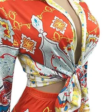 Zoctuo Sexy 2 Piece Outfits for Women Floral Print Long Sleeve Bodycon Jumpsuits(5339,Red,XL)