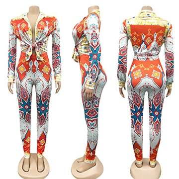 Zoctuo Sexy 2 Piece Outfits for Women Floral Print Long Sleeve Bodycon Jumpsuits(5339,Red,XL)