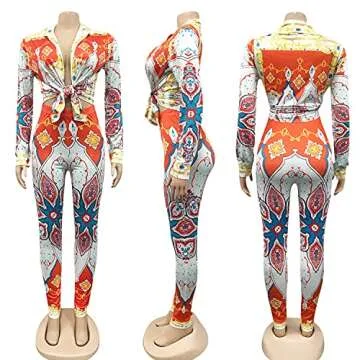 Zoctuo Sexy 2 Piece Outfits for Women Floral Print Long Sleeve Bodycon Jumpsuits(5339,Red,XL)