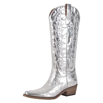 Yolkomo Women's Cowgirl Cowboy Boots Wide Calf Knee High Embroidered Western Boots Square Toe Low He...