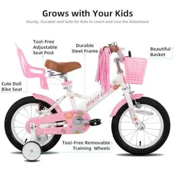 JOYSTAR 12 Inch Kids Bike Little Daisy Girls Bike with Training Wheels Doll Bike Seat Basket & Strea...