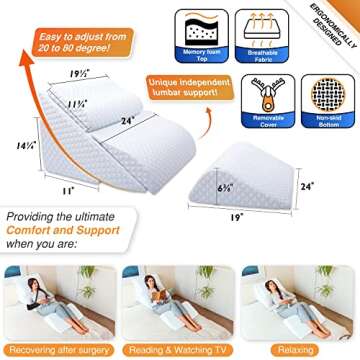 Adjustable Orthopedic Bed Wedge Pillow Set, Reading Pillow & Back Support for Sleeping, Memory Foam ...