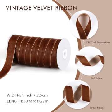 Chuangdi 1 Inch, 30 Yard Christmas Brown Velvet Ribbon - Ideal for Gift Wrapping and DIY Crafts