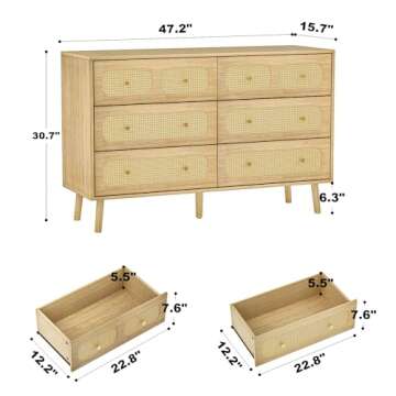 HOUROM Rattan Dresser for Bedroom, Modern 6 Drawer Double Dresser with Gold Handles, Natural Wood St...