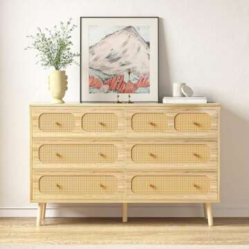 HOUROM Rattan Dresser for Bedroom, Modern 6 Drawer Double Dresser with Gold Handles, Natural Wood Storage Dressers & Chests of Drawers, 6 Drawer Dressers