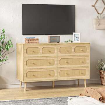 HOUROM Rattan Dresser for Bedroom, Modern 6 Drawer Double Dresser with Gold Handles, Natural Wood Storage Dressers & Chests of Drawers, 6 Drawer Dressers