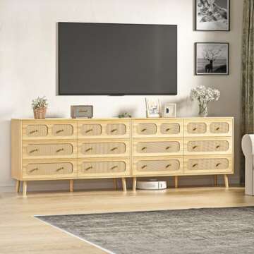 HOUROM Rattan Dresser for Bedroom, Modern 6 Drawer Double Dresser with Gold Handles, Natural Wood Storage Dressers & Chests of Drawers, 6 Drawer Dressers