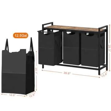 Heybly Laundry Hampers, 3 × 12.5 Gal Laundry Basket with Large Desktop Sorter for Laundry Room organization, Bathroom and Dorm Laundry Bags on Storage Shelf Rustic HLH003SR