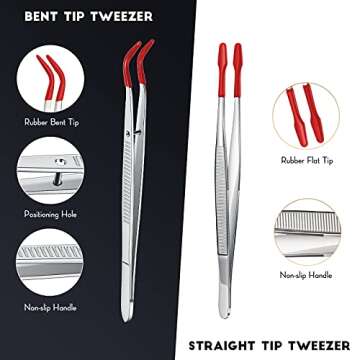2 Piece Tweezers with Rubber Tips Set - Bent and Straight Flat Tips Tweezers PVC Coated for Stamp Coins Jewelry Crafts, Electronics(Silver, Red)