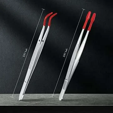 2 Piece Tweezers with Rubber Tips Set - Bent and Straight Flat Tips Tweezers PVC Coated for Stamp Coins Jewelry Crafts, Electronics(Silver, Red)