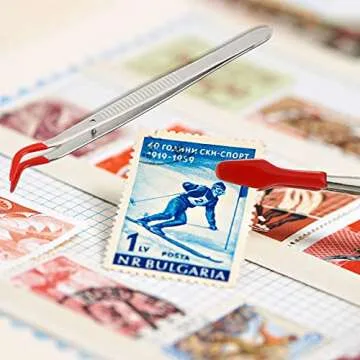 2 Piece Tweezers with Rubber Tips Set - Bent and Straight Flat Tips Tweezers PVC Coated for Stamp Coins Jewelry Crafts, Electronics(Silver, Red)