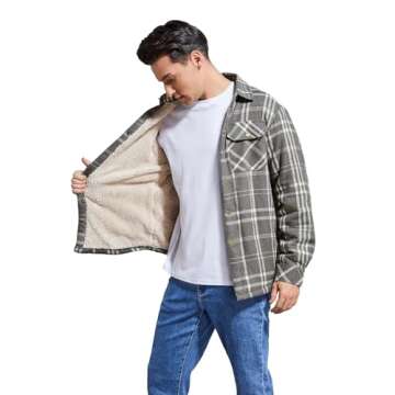 Puwasa Men's Sherpa Lined Cotton Flannel Shirt Jacket Plaid Button Up Jacket Coat for Men with Pocke...