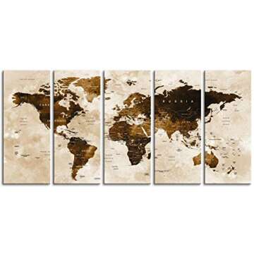 Original by BoxColors Xlarge 30"x 70" 5 Panels 30x14 Ea Art Canvas Print Watercolor Brown Map World ...