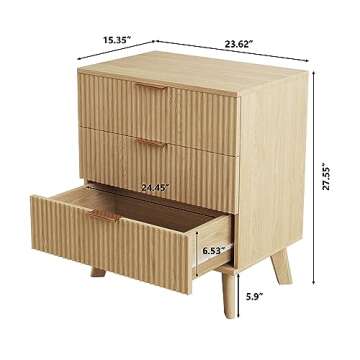 XUZENEST Fluted 3 Drawer Dressers, Modern Closet Dressers Chest of Drawers, Wood Storage Dresser Che...
