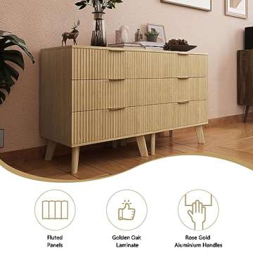 XUZENEST Fluted 3 Drawer Dressers, Modern Closet Dressers Chest of Drawers, Wood Storage Dresser Chest of Drawers Organizer for Bedroom Living Room Hallway Closet(Natural)