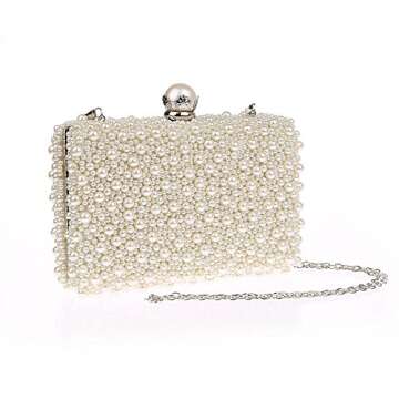 ZAKIA Womens Faux Pearl Beaded Evening Clutch Bag Bridal Wedding Handbag Party Embedded Frame Purse (Cream White)
