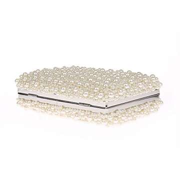 ZAKIA Womens Faux Pearl Beaded Evening Clutch Bag Bridal Wedding Handbag Party Embedded Frame Purse (Cream White)
