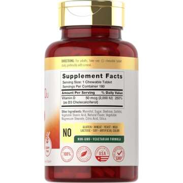 Carlyle Chewable Vitamin D3 2000 IU Tablets - Berry Flavor | 180 Counts, Non-GMO, Gluten-Free, Veget...