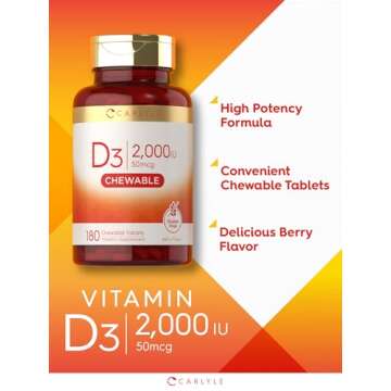 Carlyle Chewable Vitamin D3 2000 IU Tablets | Berry Flavor | Vegan Friendly