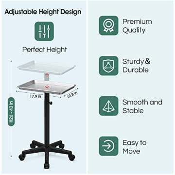 Premium Aluminum Instrument Salon Tray Tattoo Rolling Tray Station-Silver