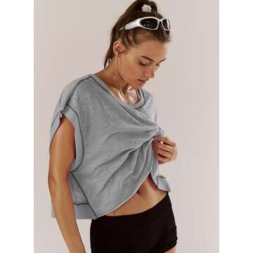 Kumufenc Women Short Sleeve Workout Shirts Open Back Tops Casual Yoga Y2k Athletic Gym Slouchy Crop Running Tees(Grey,M)