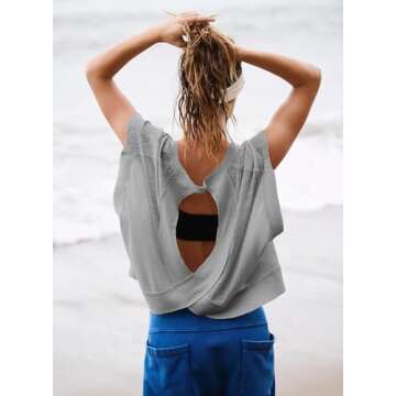Kumufenc Women Short Sleeve Workout Shirts Open Back Tops Casual Yoga Y2k Athletic Gym Slouchy Crop Running Tees(Grey,M)