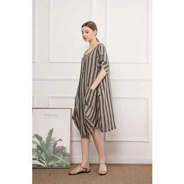 Minibee Women's Ruffle Oversize Casual Midi Dresses with Pockets Style 2 Black Stripe L