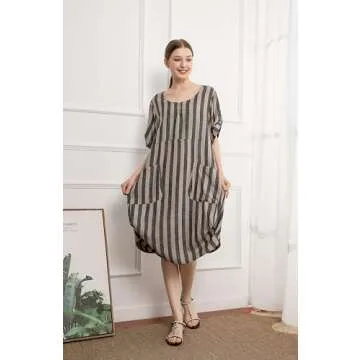 Minibee Women's Ruffle Oversize Casual Midi Dresses with Pockets Style 2 Black Stripe L
