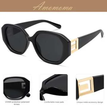 AMOMOMA Oversized Hexagonal Sunglasses for Women, Fashion Womens sunglasess Designer Shades 70s UV400 Polarized AM6646 Black/Grey
