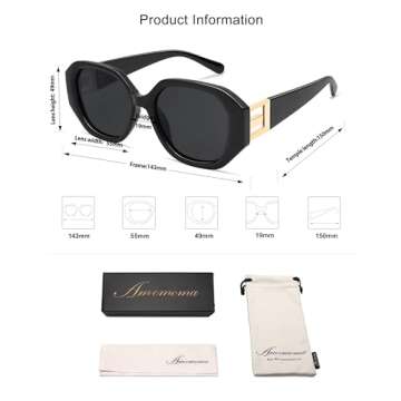 AMOMOMA Oversized Hexagonal Sunglasses for Women, Fashion Womens sunglasess Designer Shades 70s UV400 Polarized AM6646 Black/Grey