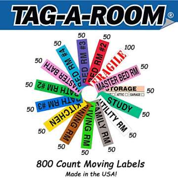 Tag-A-Room Color Coded Moving Labels for Boxes 800 Count with Fragile Stickers, Moving Stickers for ...