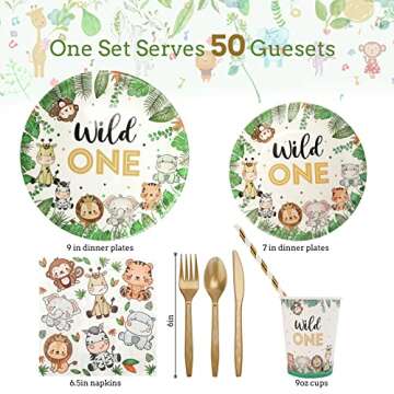 Bogoke 400pcs wild one birthday decorations for 1st Birthday Decorations,Plates Set for 50 Guests, Jungle Theme Party Supplies Tableware Includes Plates and Cups and Napkins Straws Sets (50 pack)