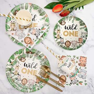 Bogoke 400pcs wild one birthday decorations for 1st Birthday Decorations,Plates Set for 50 Guests, Jungle Theme Party Supplies Tableware Includes Plates and Cups and Napkins Straws Sets (50 pack)