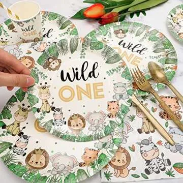 Bogoke 400pcs wild one birthday decorations for 1st Birthday Decorations,Plates Set for 50 Guests, Jungle Theme Party Supplies Tableware Includes Plates and Cups and Napkins Straws Sets (50 pack)