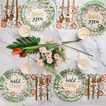 Bogoke 400pcs wild one birthday decorations for 1st Birthday Decorations,Plates Set for 50 Guests, Jungle Theme Party Supplies Tableware Includes Plates and Cups and Napkins Straws Sets (50 pack)