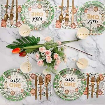 Bogoke 400pcs wild one birthday decorations for 1st Birthday Decorations,Plates Set for 50 Guests, Jungle Theme Party Supplies Tableware Includes Plates and Cups and Napkins Straws Sets (50 pack)