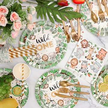Bogoke 400pcs wild one birthday decorations for 1st Birthday Decorations,Plates Set for 50 Guests, Jungle Theme Party Supplies Tableware Includes Plates and Cups and Napkins Straws Sets (50 pack)