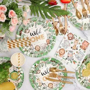 Bogoke 400pcs wild one birthday decorations for 1st Birthday Decorations,Plates Set for 50 Guests, Jungle Theme Party Supplies Tableware Includes Plates and Cups and Napkins Straws Sets (50 pack)