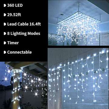 Toodour Christmas Icicle Lights Outdoor, 360 LED 29.5ft 8 Modes Fairy Icicle String Lights with 60 D...