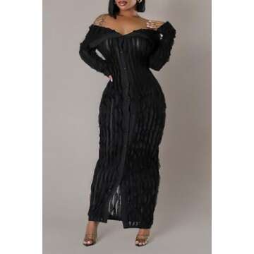 Yuopeid Women's Long Sleeve Off Shoulder Elegant Mesh Wavy Ruffle Front Slit Bodycon Beach Party Cover Up Dress Black XL