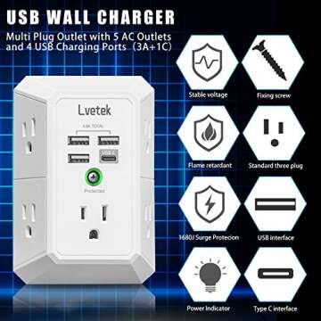 USB Wall Charger，Surge Protector 5 Outlet Extender with 4 USB Charging Ports (1 USB C Outlet) 3 Sided 1680J Power Strip Multi Plug Outlets Wall Adapter Spaced for Home Travel Office ETL Listed
