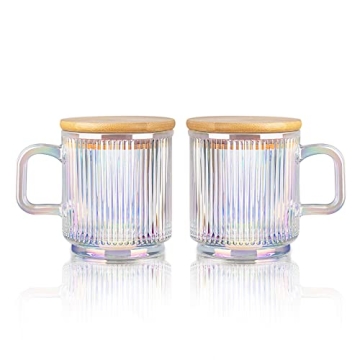 Joeyan Iridescent Glass Coffee Mugs Set of 2-11.5 oz Striped Coffee cups with Lid - Large Drinking G...
