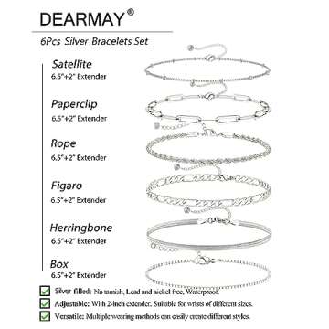 DEARMAY Dainty Silver Bracelets for Women Trendy, 925 Sterling Silver Jewelry Set for Women Bracelets for Women Paperclip Box Herringbone Figaro Rope Chain Bracelet Fashion Pack Gifts for Women