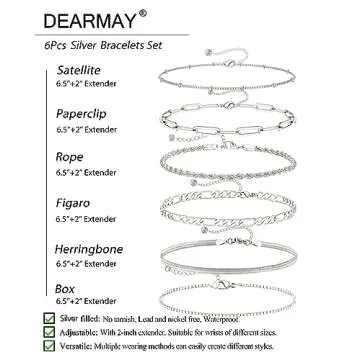 DEARMAY Dainty Silver Bracelets for Women Trendy, 925 Sterling Silver Jewelry Set for Women Bracelets for Women Paperclip Box Herringbone Figaro Rope Chain Bracelet Fashion Pack Gifts for Women