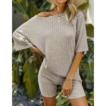 Ekouaer Pajamas 2 Piece Lounge Sets Ribbed Knit Matching Outfits T-shirt Biker Shorts Sleepwear Loungewear Sweatsuits Camel X-Large