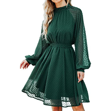 BBX Lephsnt Cocktail Dresses Long Sleeve, Wedding Guest Dresses for Women Summer Flowy Midi Dress with Belt Dark Green L
