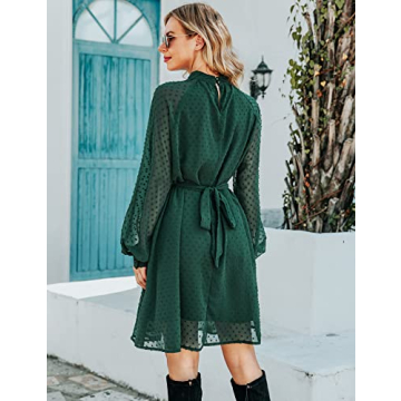 BBX Lephsnt Cocktail Dresses Long Sleeve, Wedding Guest Dresses for Women Summer Flowy Midi Dress with Belt Dark Green L
