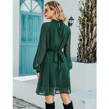 BBX Lephsnt Cocktail Dresses Long Sleeve, Wedding Guest Dresses for Women Summer Flowy Midi Dress with Belt Dark Green L