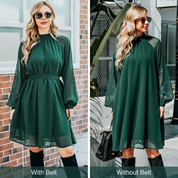 BBX Lephsnt Cocktail Dresses Long Sleeve, Wedding Guest Dresses for Women Summer Flowy Midi Dress with Belt Dark Green L