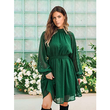 BBX Lephsnt Cocktail Dresses Long Sleeve, Wedding Guest Dresses for Women Summer Flowy Midi Dress with Belt Dark Green L
